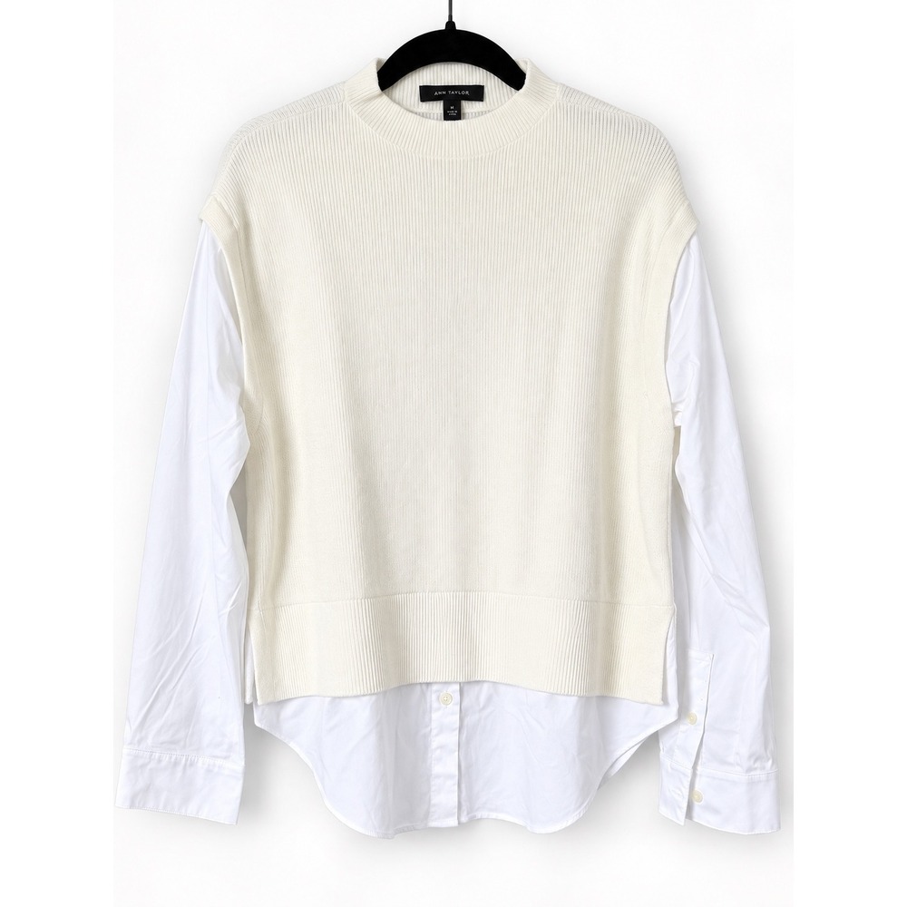 Ann Taylor Mixed Media Sweater Top Womens Medium White Layered Shirt Preppy